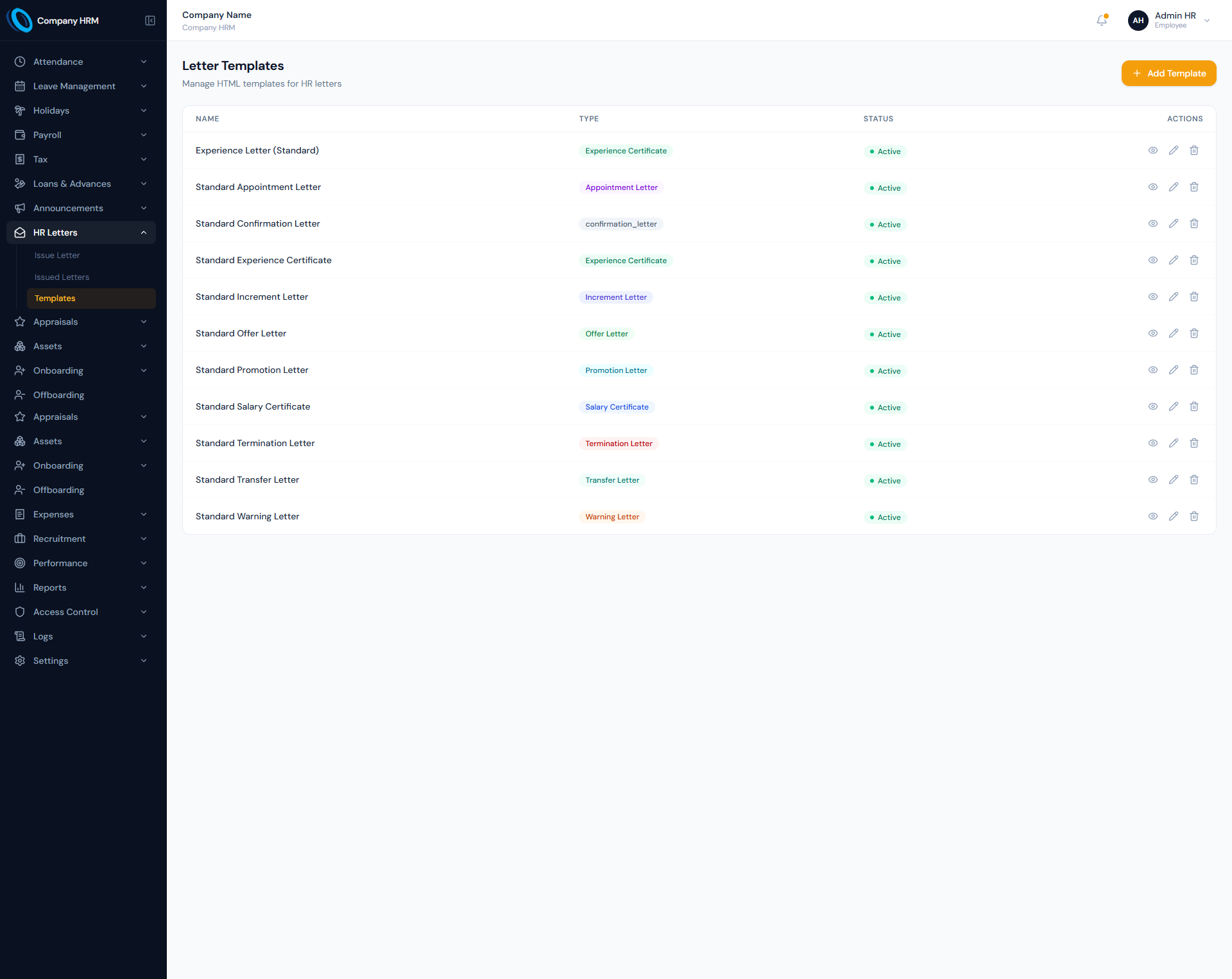 Letter Templates page showing reusable HR letter templates, template types, status and preview controls.