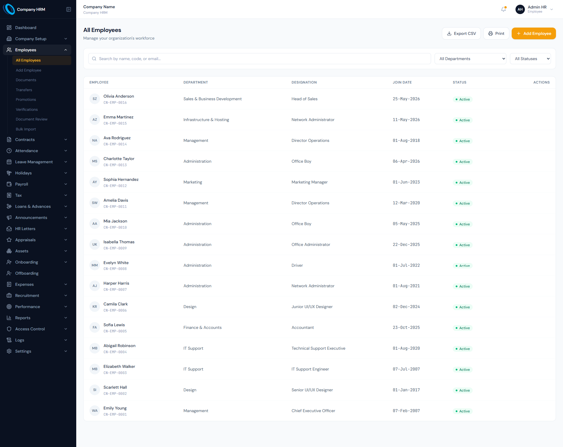 Employees Management page showing employee records, departments, designations, joining dates and status.