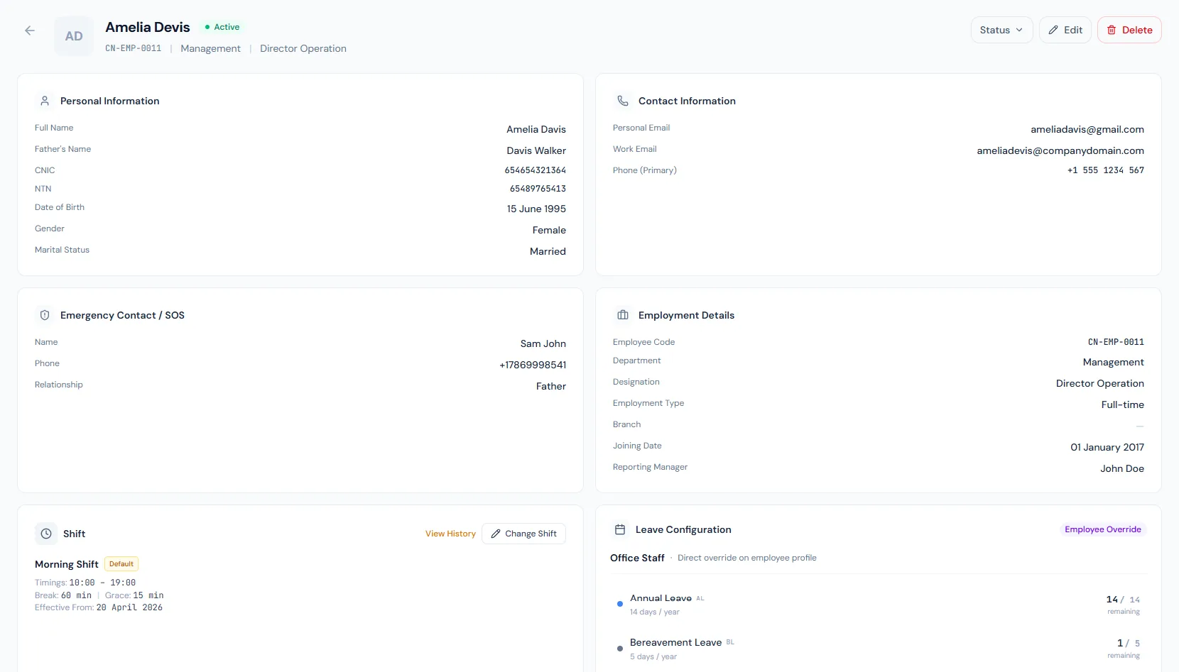 Employee Profile page showing personal, contact, employment and reporting details.
