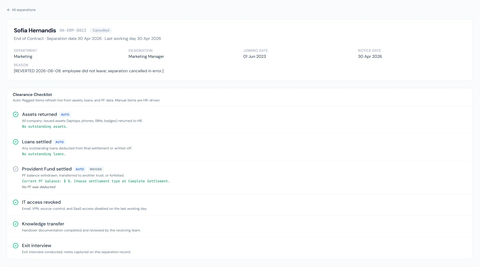 Offboarding page showing employee separation workflow, clearance checklist and final settlement controls.