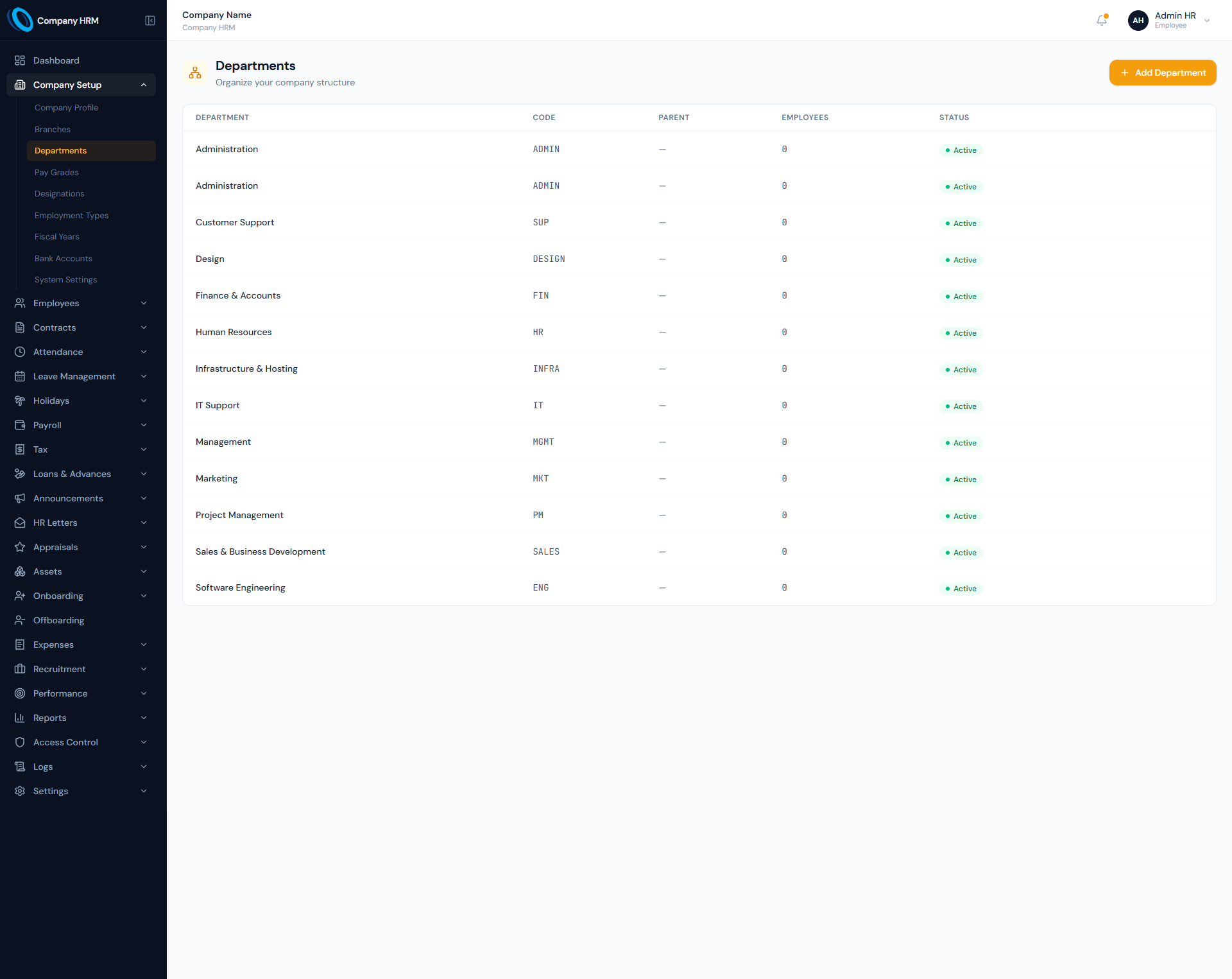 Departments page showing department, code, parent, employee count and status columns.