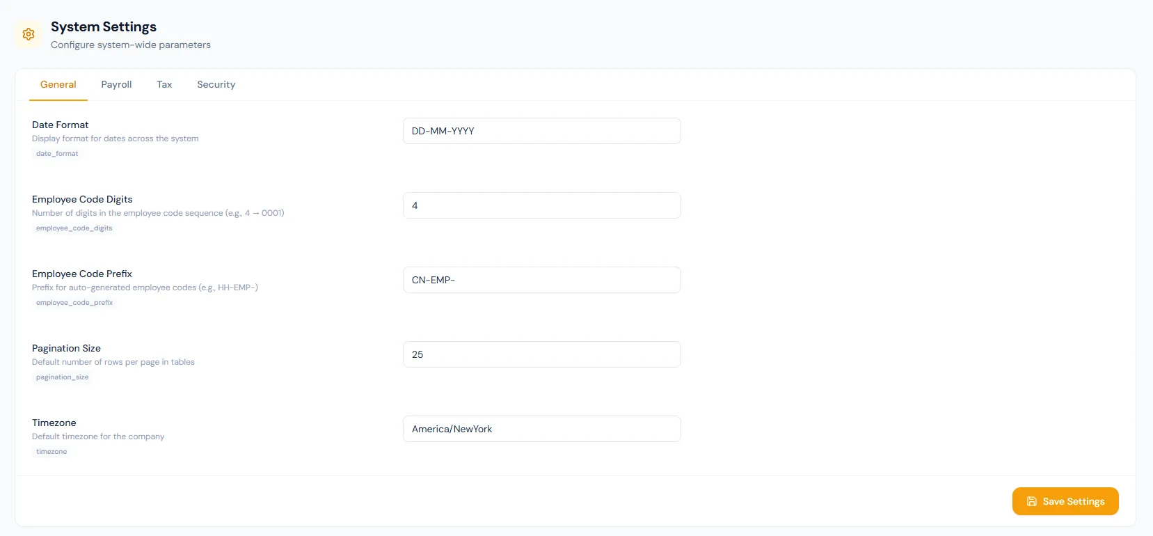 General Settings page showing General, Payroll, Tax and Security tabs with workspace defaults.