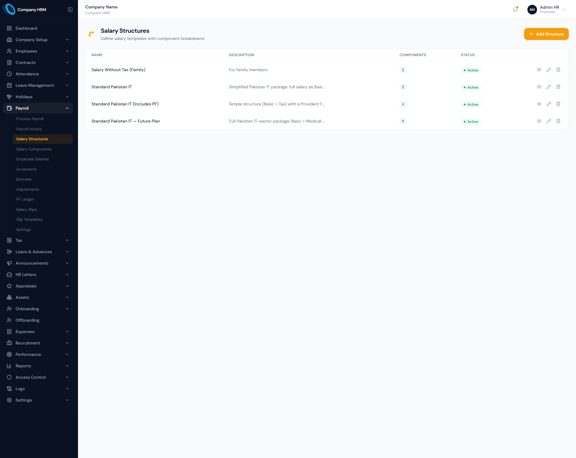 Salary structures page showing reusable compensation packages and salary component setup.
