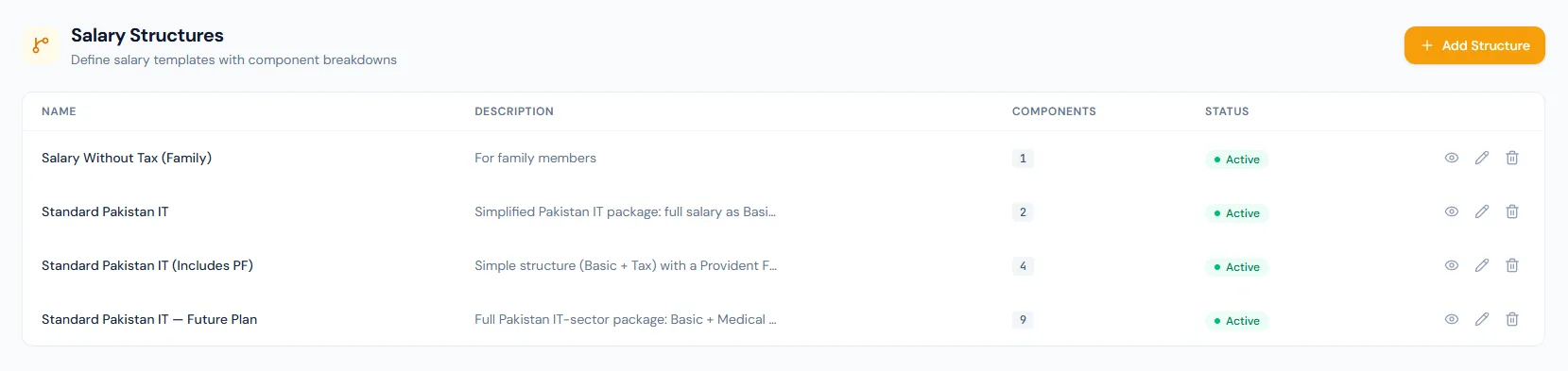 Salary structures page showing reusable compensation packages and salary component setup.