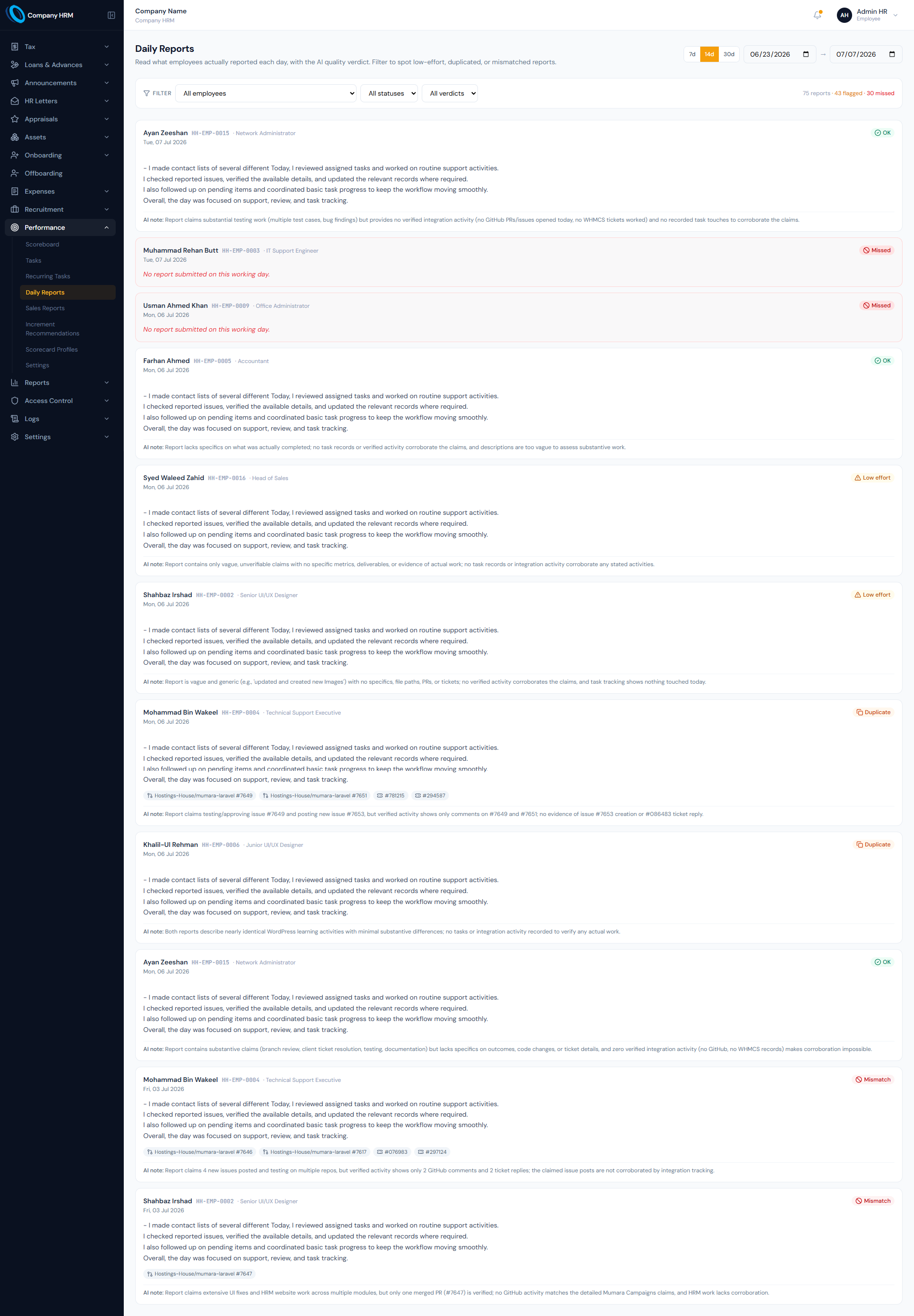 Daily Reports page showing employee report submissions, review filters, quality verdicts and performance evidence status.