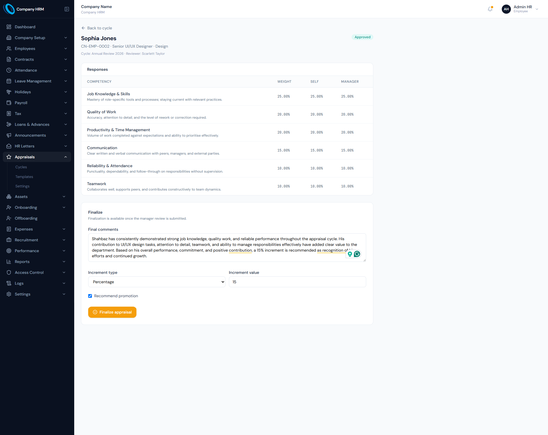 Increment Records page showing appraisal-linked increment recommendations, approval status and salary change controls.