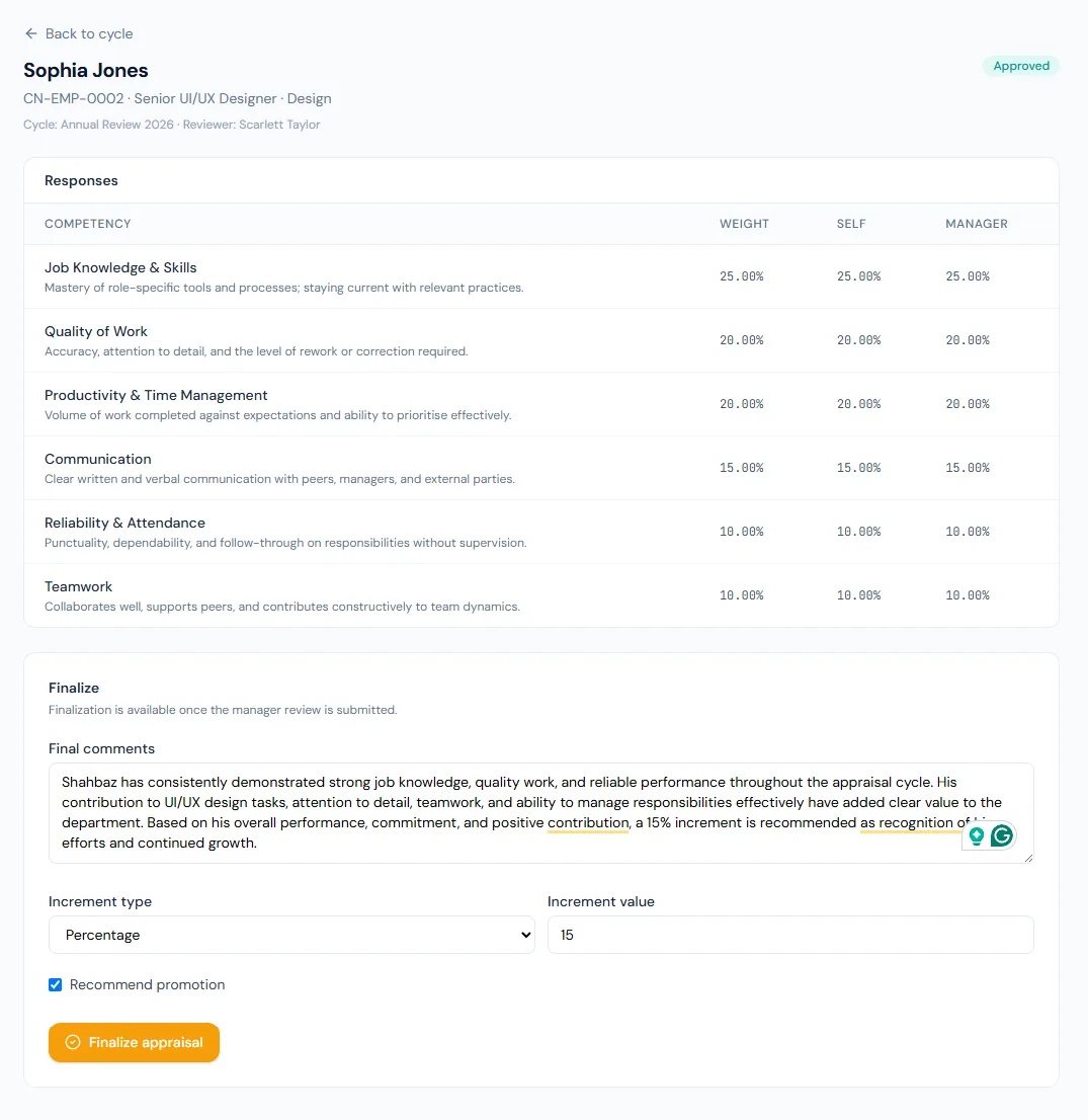 Increment Records page showing appraisal-linked increment recommendations, approval status and salary change controls.