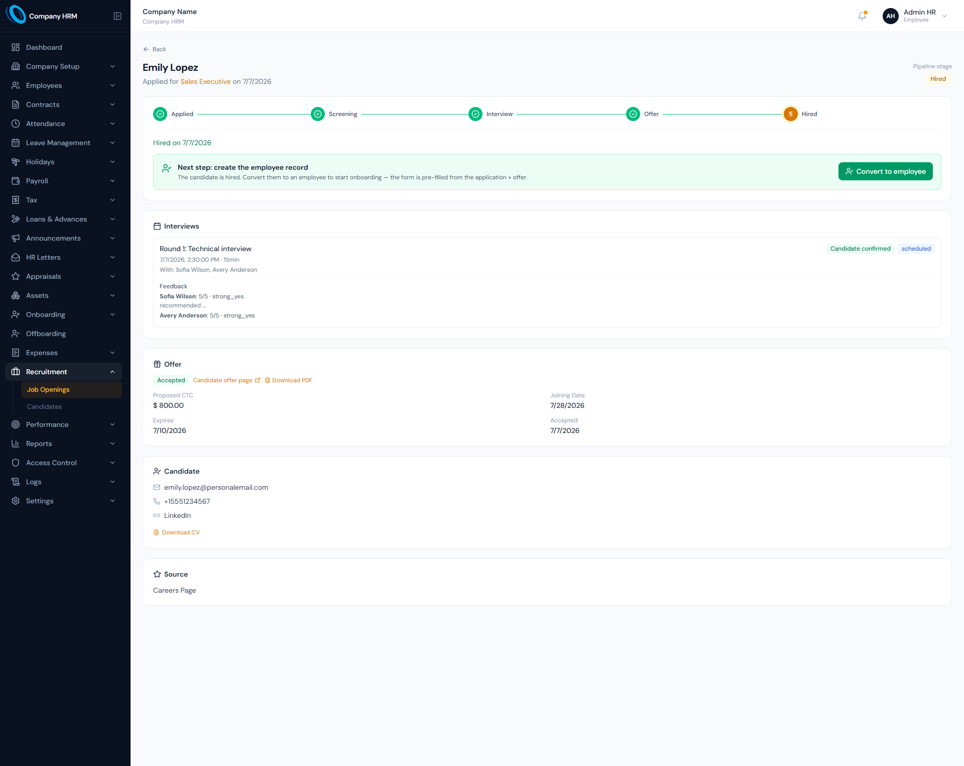 Candidate to Employee Conversion page showing accepted candidate details, employee creation fields and recruitment handoff controls.