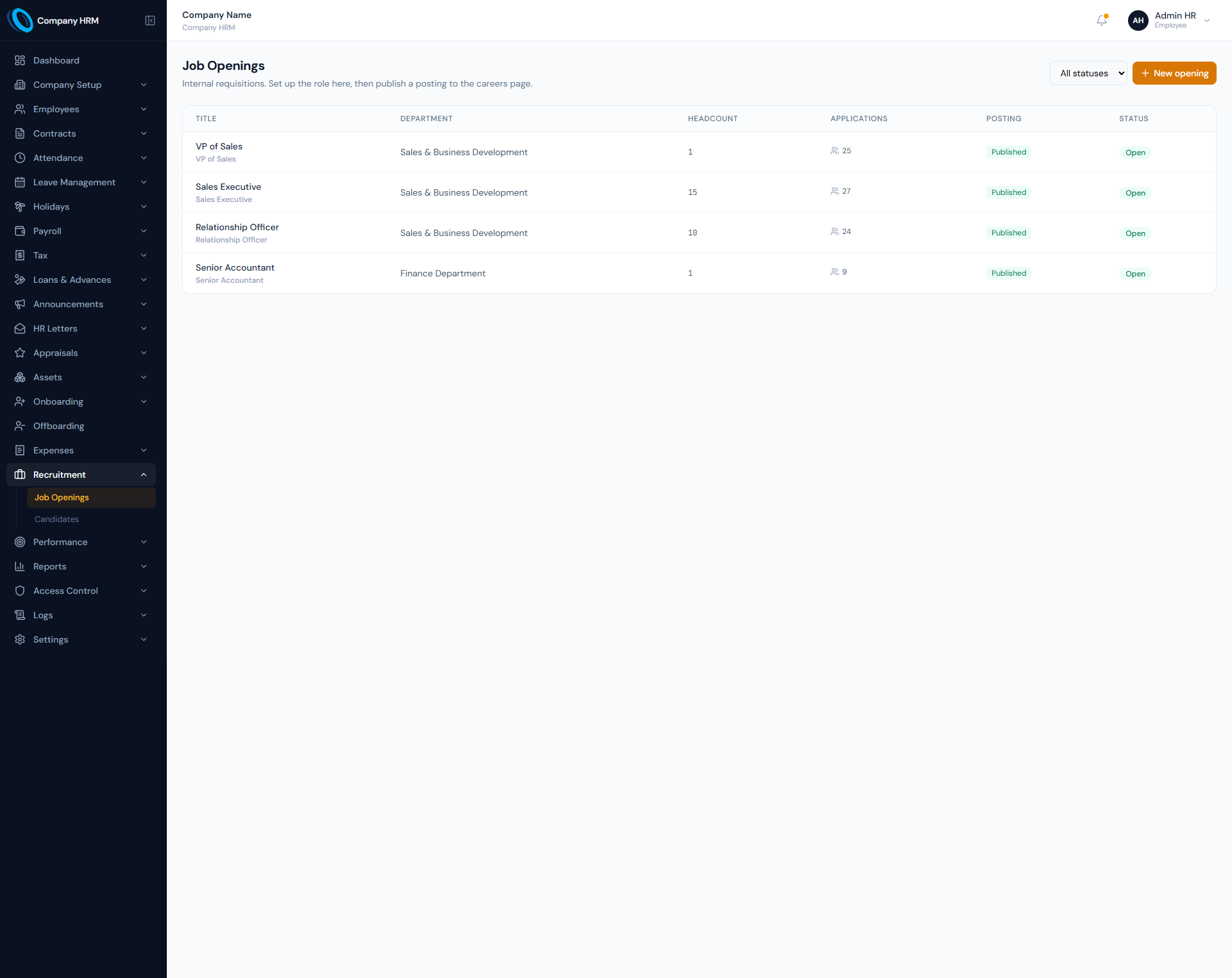 Job Openings page showing recruitment openings, hiring status, department context and job posting controls.