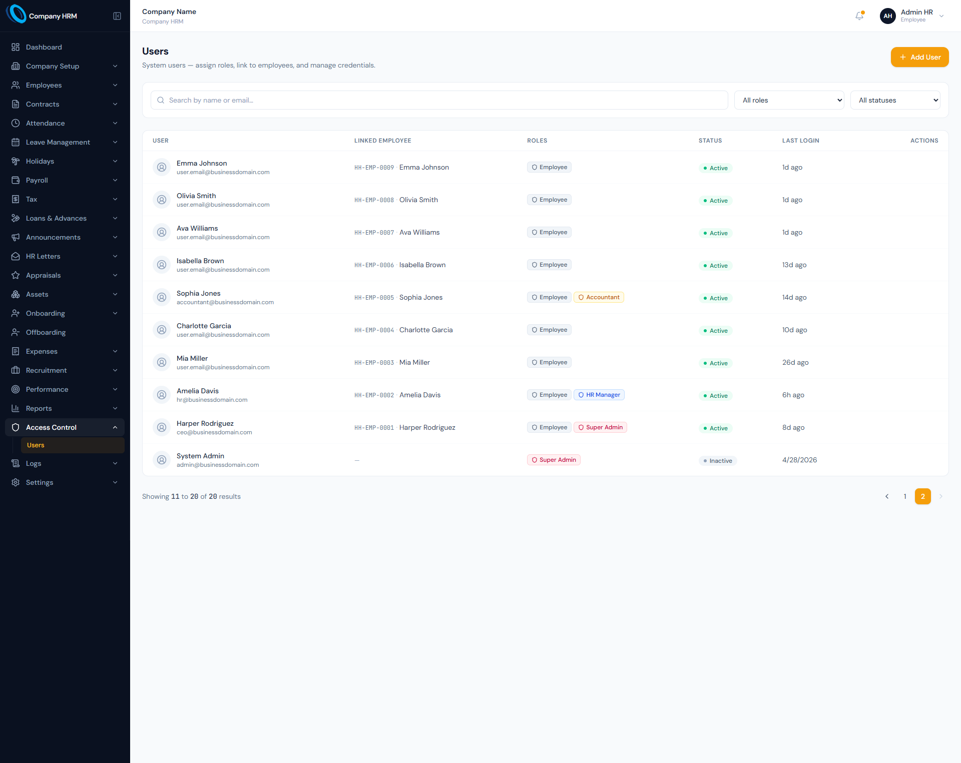 Users and Roles page showing HRM user accounts, role assignment, employee links and access status controls.