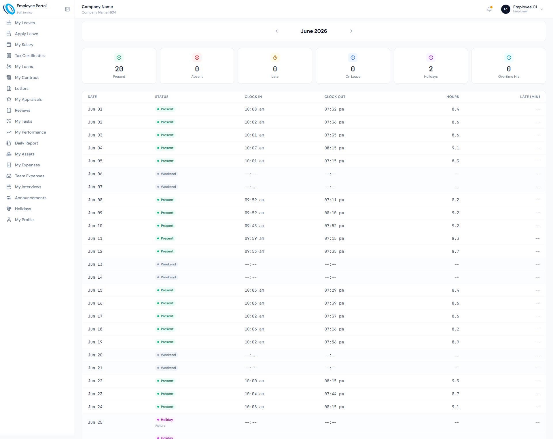 Attendance View page showing employee monthly attendance, clock status and time exceptions.