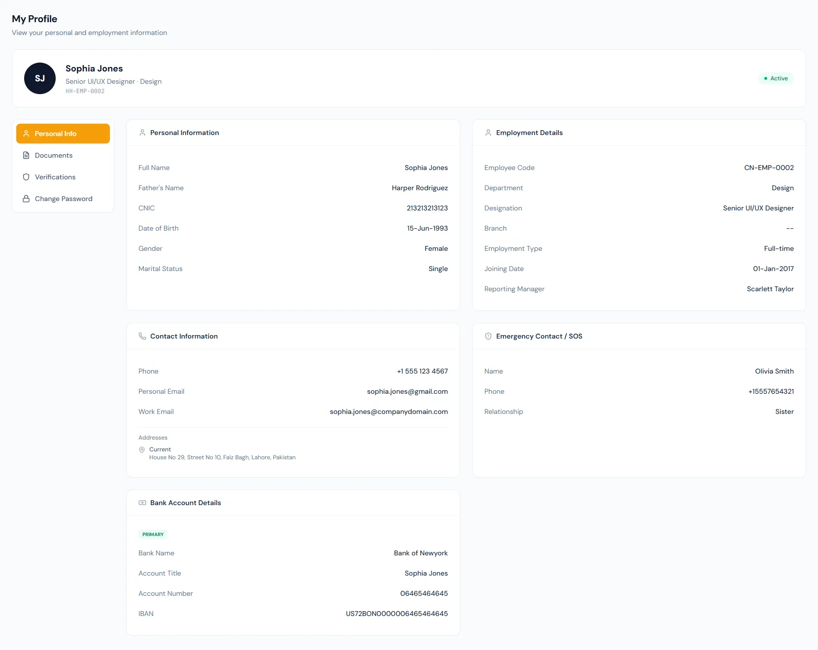 Profile View page showing employee personal information, employment details and verification status in the portal.