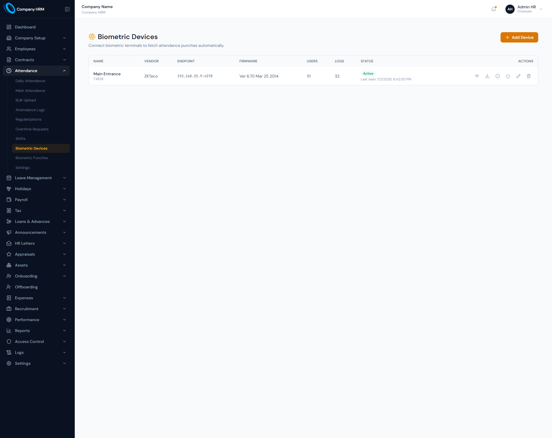 Biometric Devices page showing device-backed attendance logs and employee mapping.