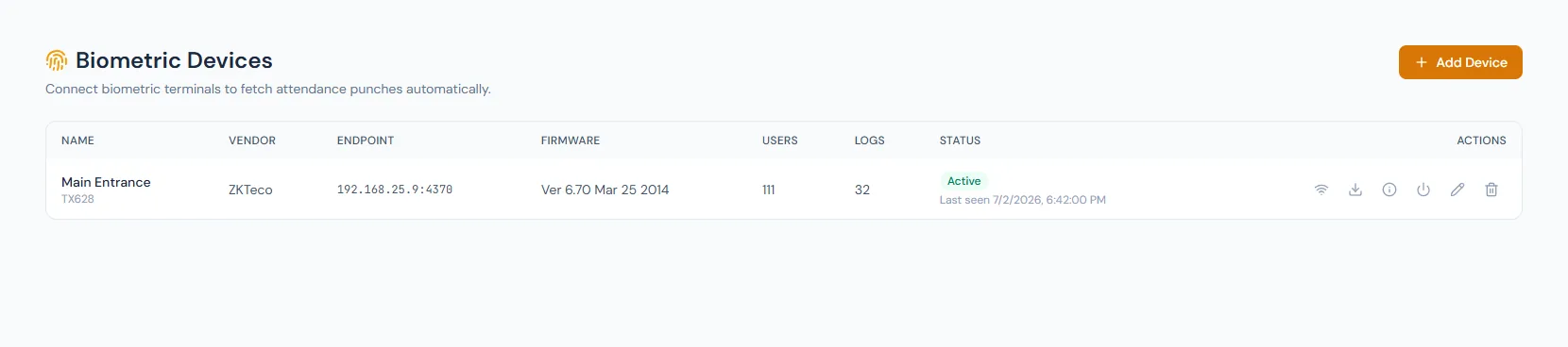 Biometric Devices page showing device-backed attendance logs and employee mapping.