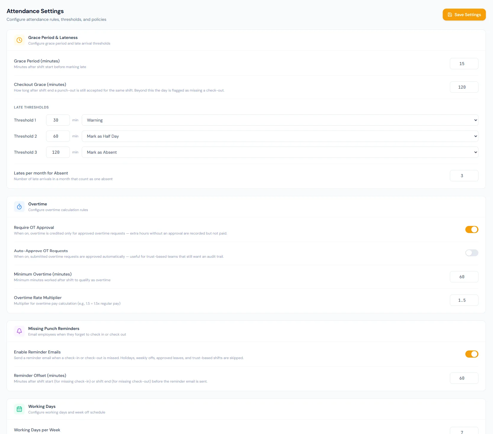 Late and Overtime Rules page showing grace periods, half-day thresholds and overtime settings.