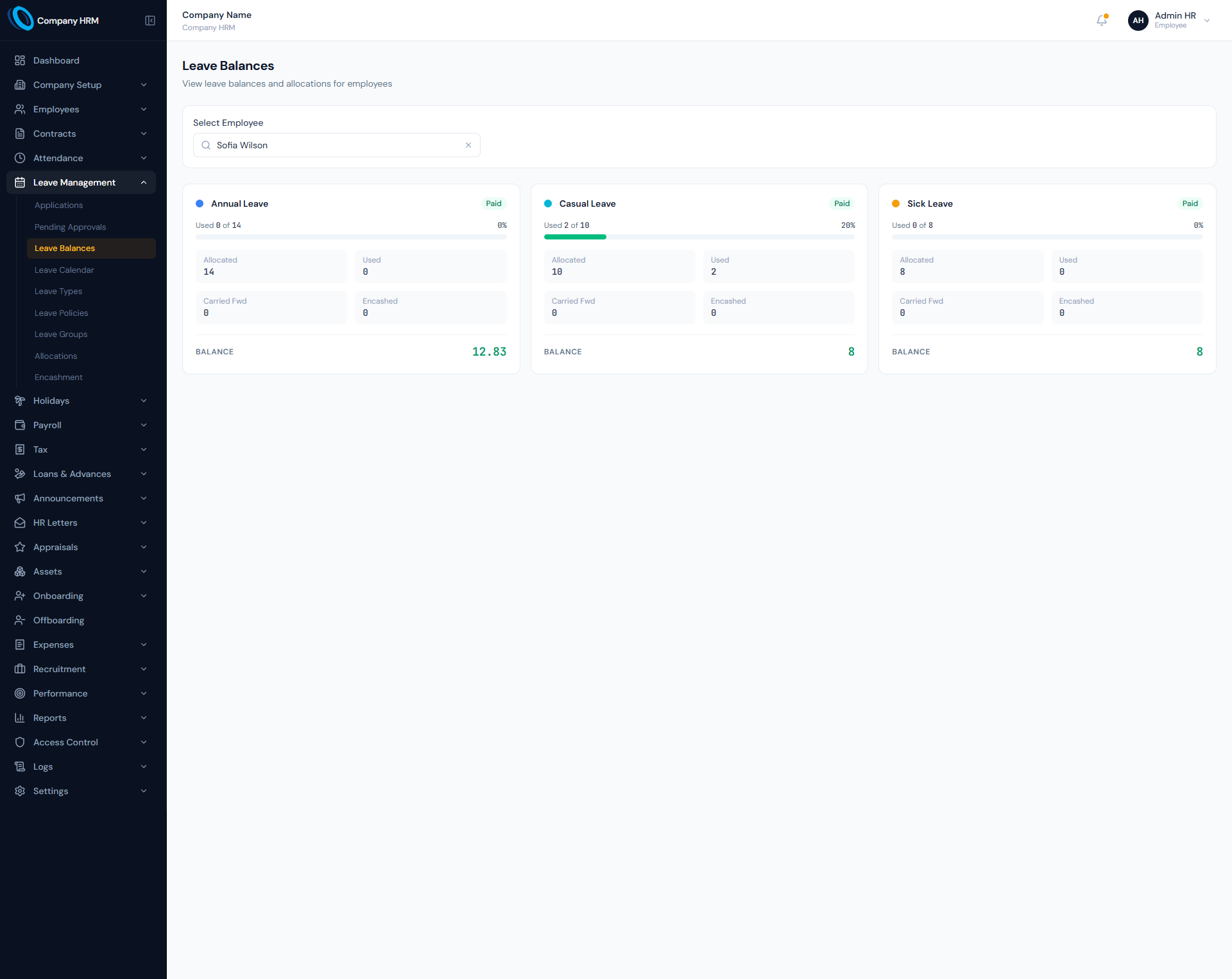 Leave Balances page showing allocated, used and remaining employee leave days.