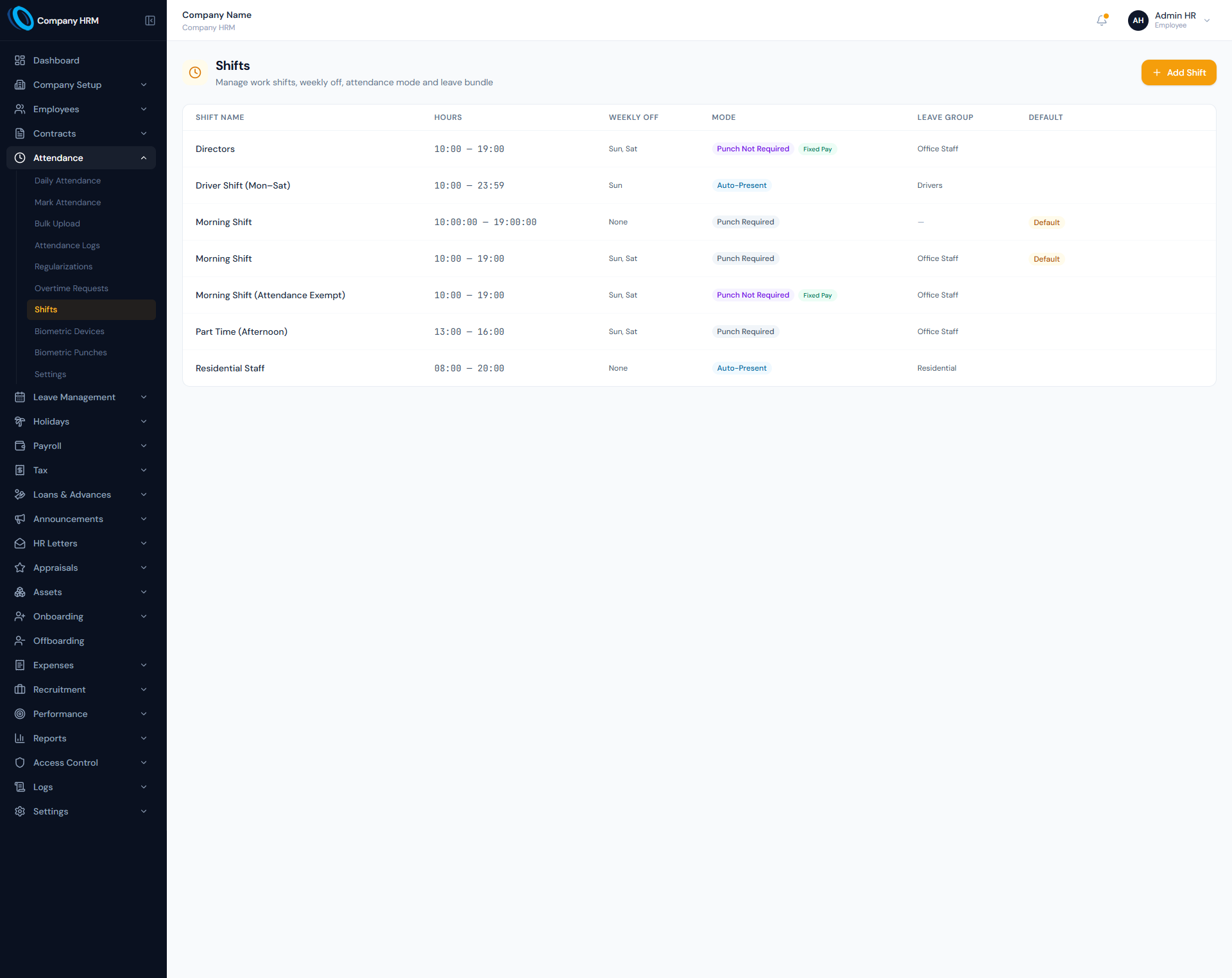 Shifts page showing employee work schedules and attendance timing rules.
